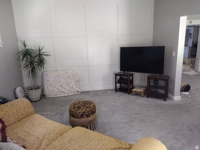 157 West 500 South Logan, UT 84321 - Photo 36 of 38 Spacious room with light gray carpeting and a prominent accent wall featuring white rectangular paneling