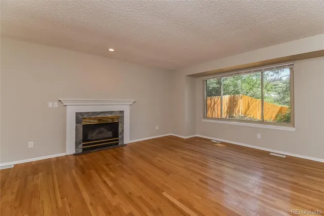 a view of empty room with wooden floor and fireplace