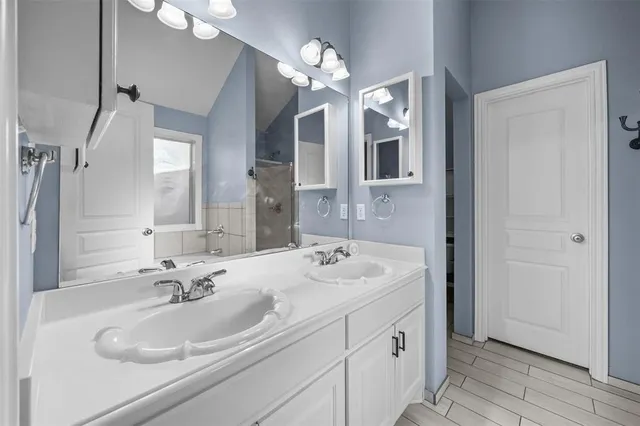 a bathroom with a sink vanity and a mirror