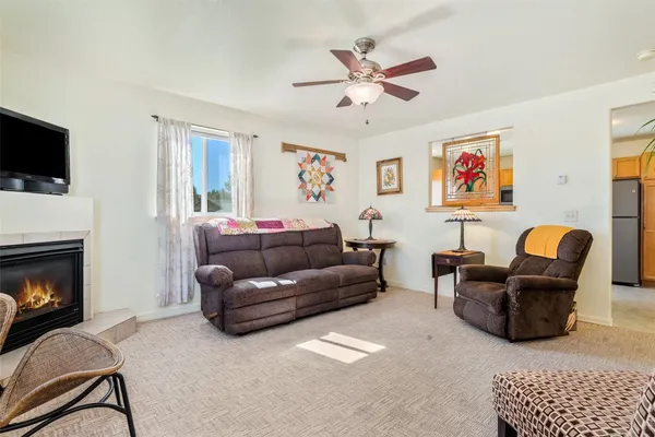 a living room with furniture a flat screen tv and a fireplace