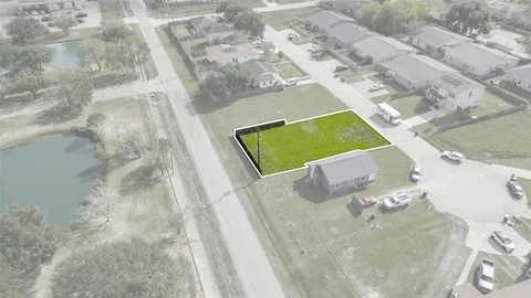 an aerial view of a swimming pool