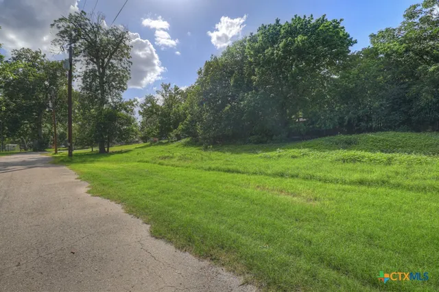 a backyard of a house with lots of green space and fountain
