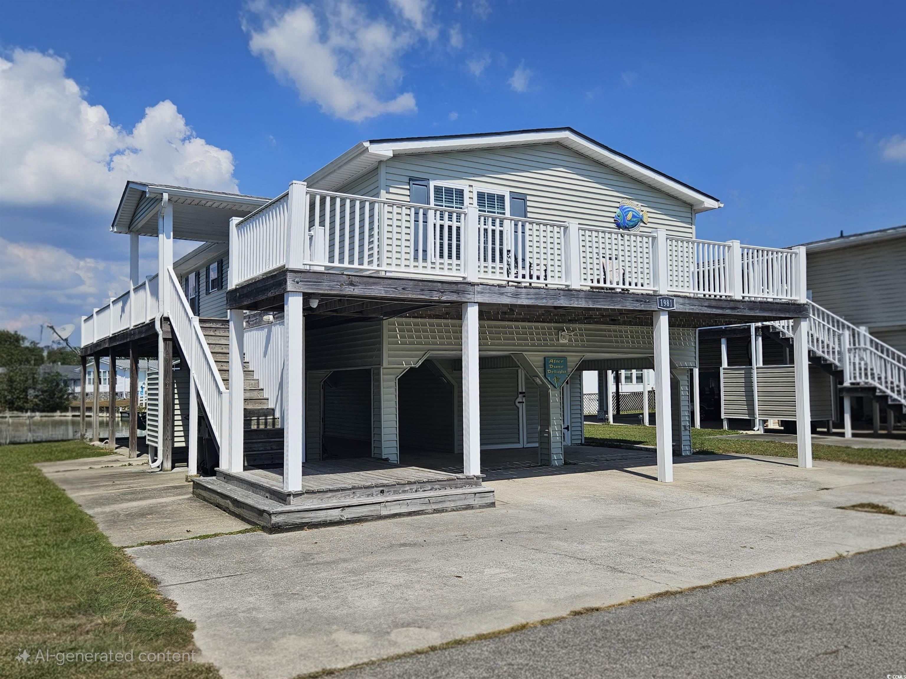 View of front of house featuring a deck, stairway, a carport, and driveway