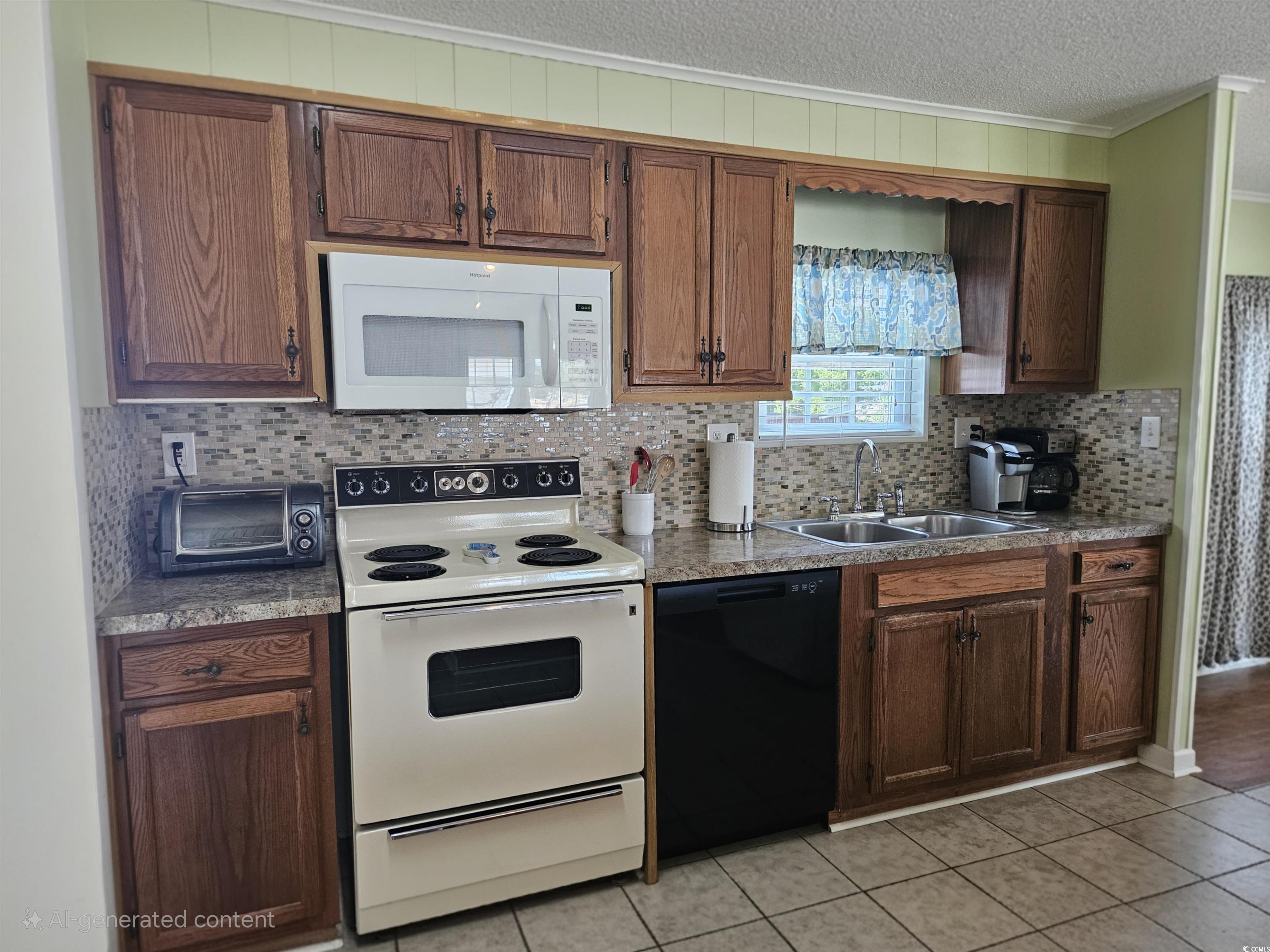 1981 Morning Glory Surfside Beach, SC 29575 - Photo 3 of 22 Kitchen with white appliances, tasteful backsplash, a textured ceiling, crown molding, and light tile patterned floors