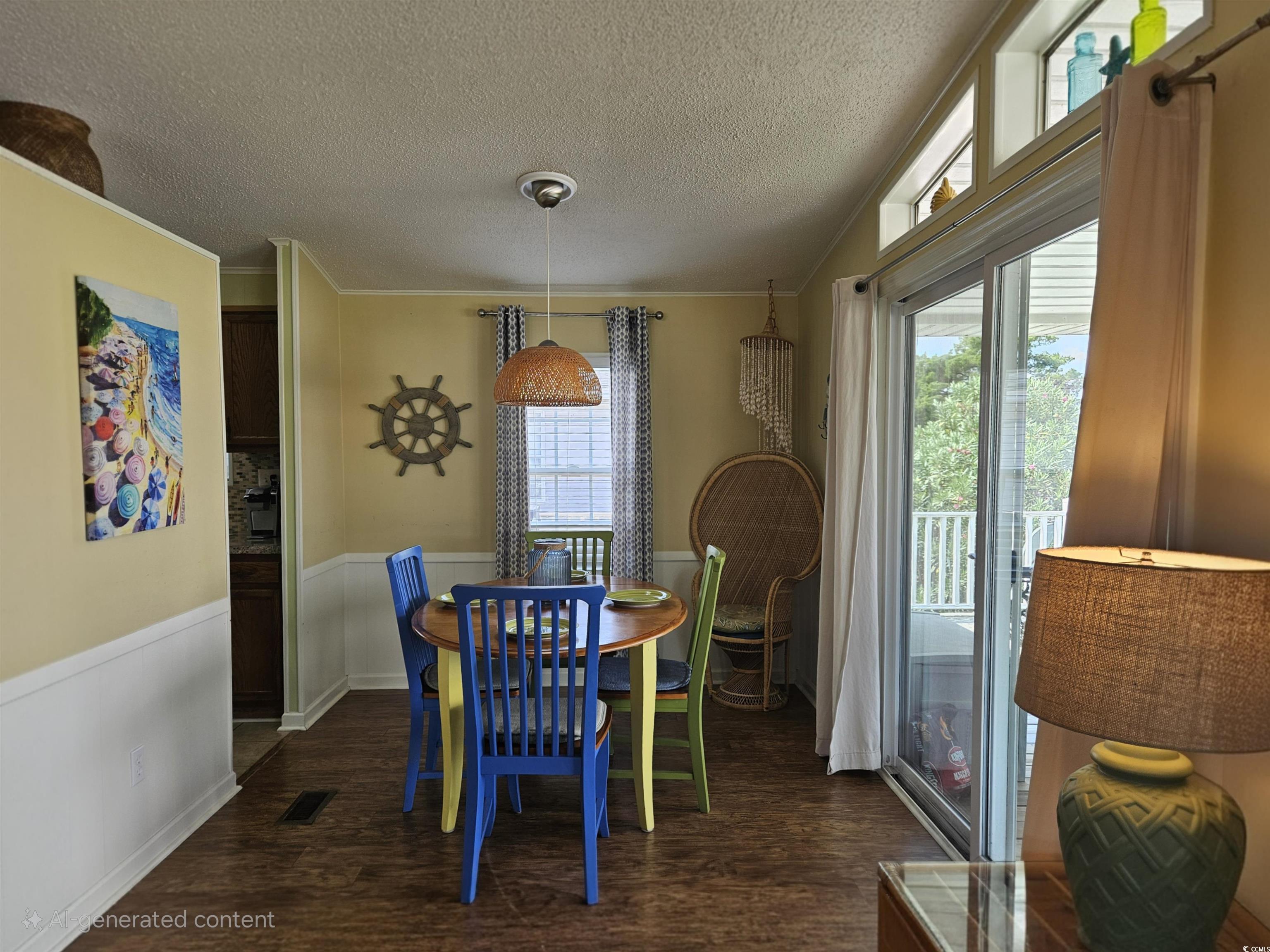 1981 Morning Glory Surfside Beach, SC 29575 - Photo 6 of 22 Dining space featuring dark wood-type flooring, a textured ceiling, crown molding, and wainscoting