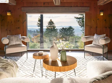 a living room with fireplace furniture and a floor to ceiling window