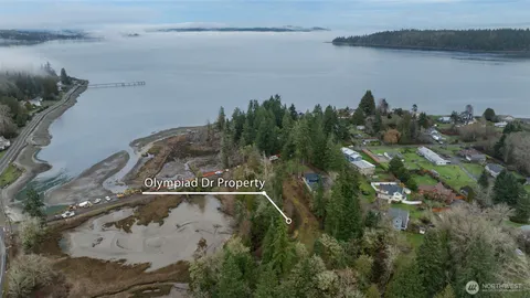an aerial view of a house with a yard and lake view