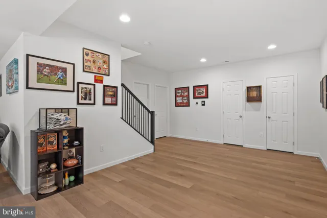a view of a livingroom with shelves