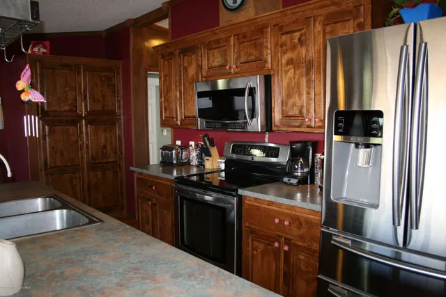 a kitchen with a refrigerator and a sink