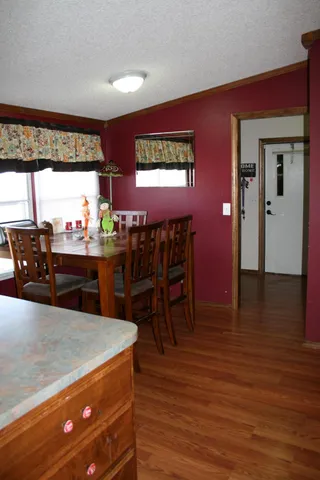 a view of a kitchen with kitchen island a wooden floor and a view of living room