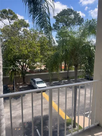 a view of a patio with table and chairs potted plants and palm tree