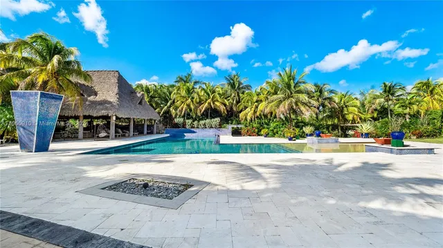 a view of swimming pool with lawn chairs and plants