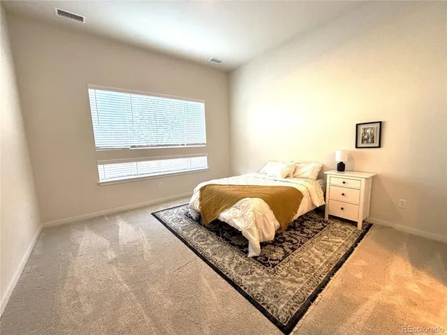 a bedroom with a bed rug and window