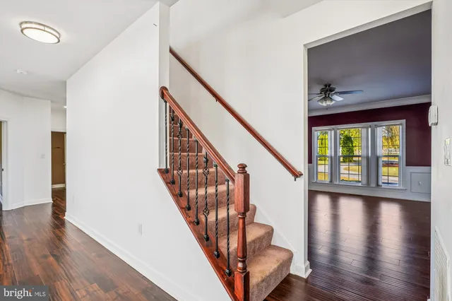 an empty room with windows and ceiling fan