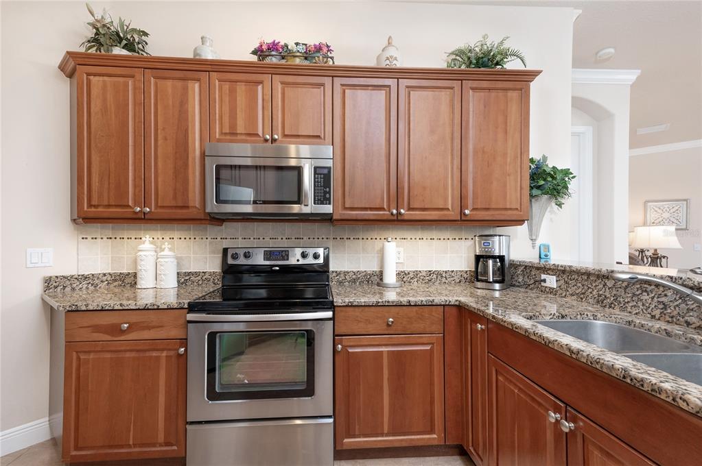 202 Lourdan Court DeBary, FL 32713 - Photo 14 of 38 a kitchen with granite countertop a stove top oven microwave and cabinets