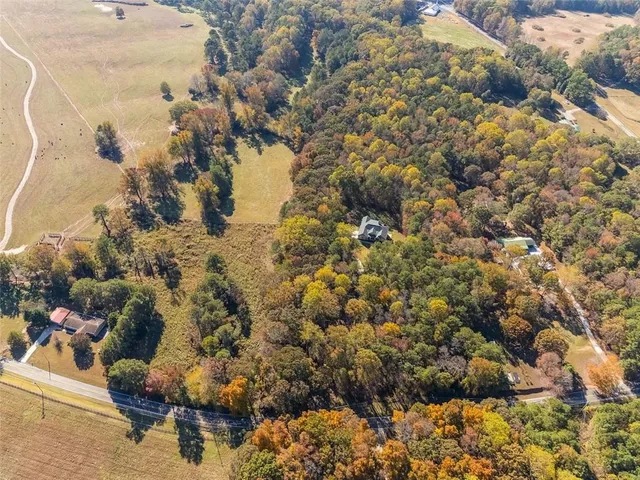 a view of swimming pool with large trees and a big yard