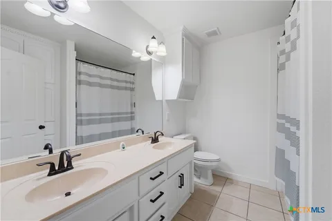 a bathroom with a double vanity sink mirror and toilet