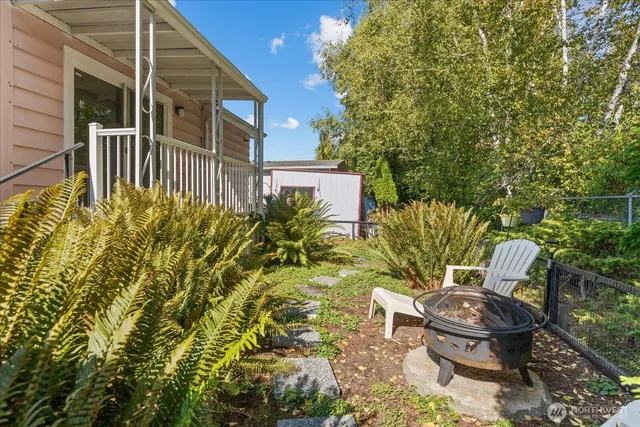 a view of a backyard with plants and garden