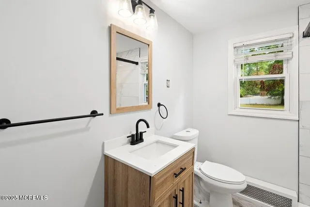a bathroom with a sink a toilet and a mirror