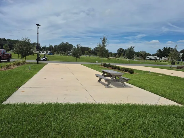 a view of a park with large trees