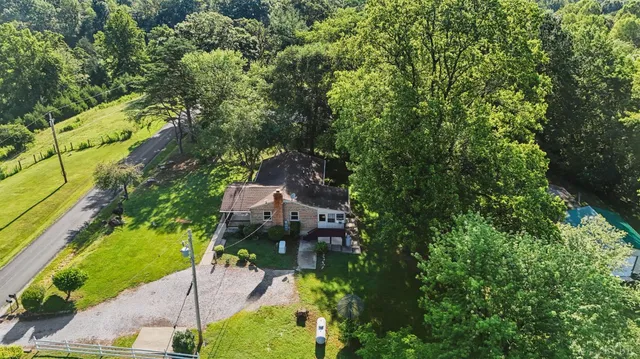 a view of a house with a yard and a large tree