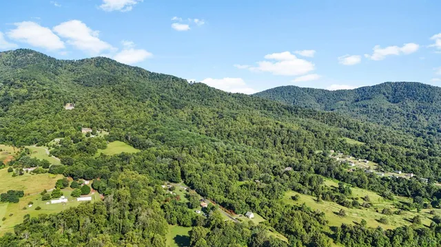 a view of a lush green field with mountains in the background