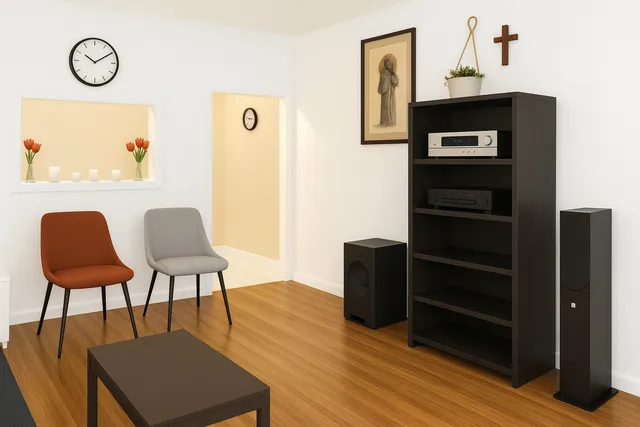 a living room with furniture and wooden floor