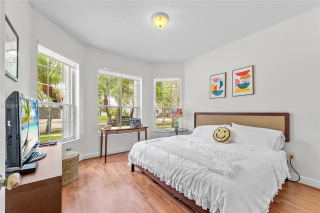 a bedroom with a bed and a flat tv screen on the dresser