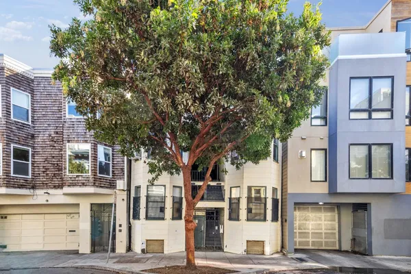a front view of a building with a tree