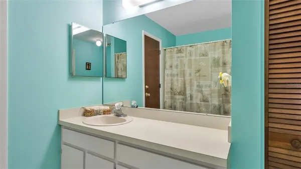a bathroom with a sink and a mirror