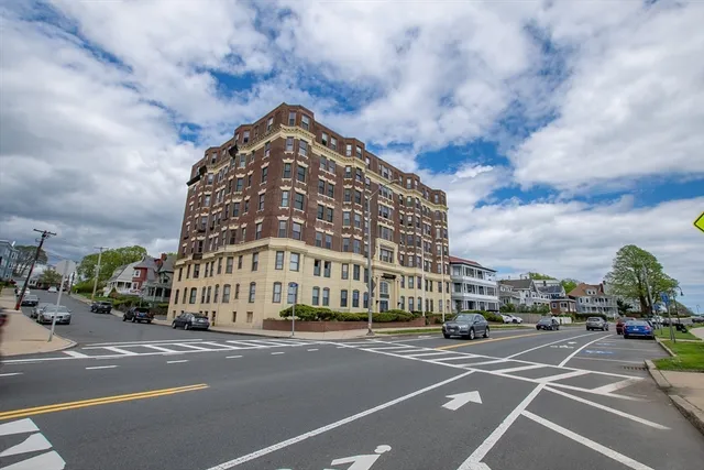 a view of a building and a street