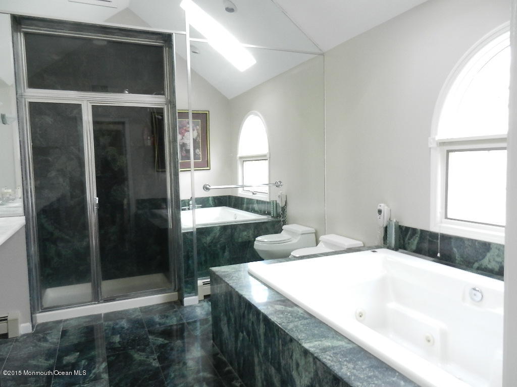 21 Statesboro Road Freehold, NJ 07728 - Photo 16 of 30 a bathroom with a granite countertop sink a mirror and a shower