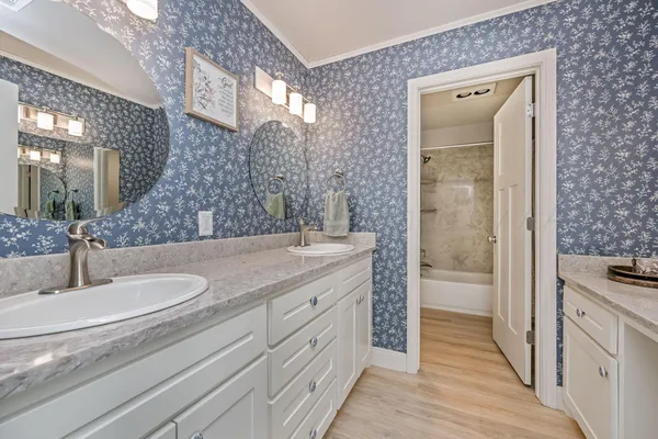 a bathroom with a sink and a mirror
