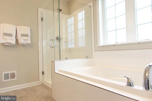 a bathroom with a bathtub and a shower