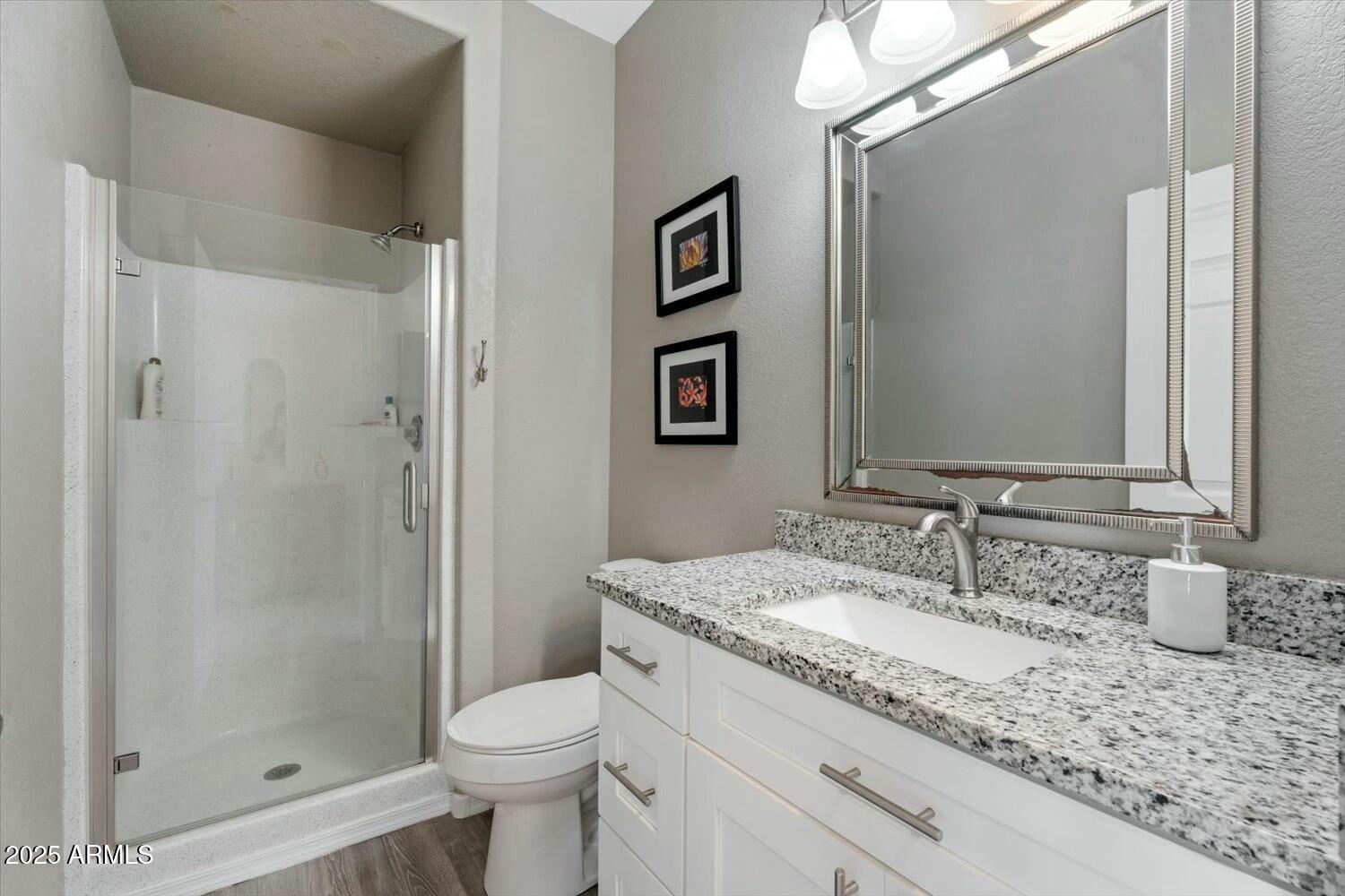 8813 South 51st Street, Unit 3 Phoenix, AZ 85044 - Photo 21 of 28 a bathroom with a granite countertop sink toilet and shower