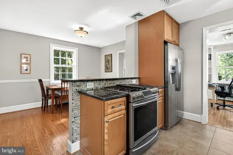 a kitchen that has a stove and a table