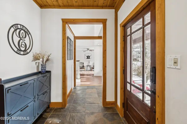 a view of a hallway with painted walls