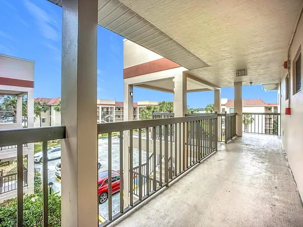 a view of a building from a balcony