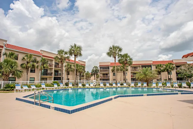 a view of swimming pool with lawn chairs and palm trees