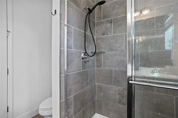 a bathroom with a shower and toilet