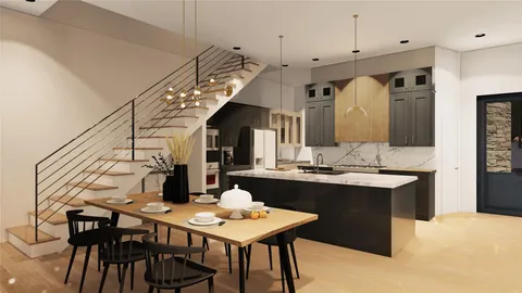 a kitchen with a table and chairs in it