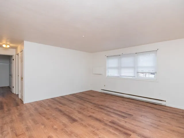 a view of empty room with wooden floor