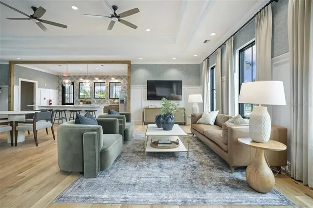 a living room with patio furniture