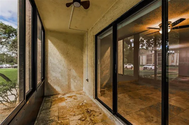 a view of a bench in a yard with palm trees