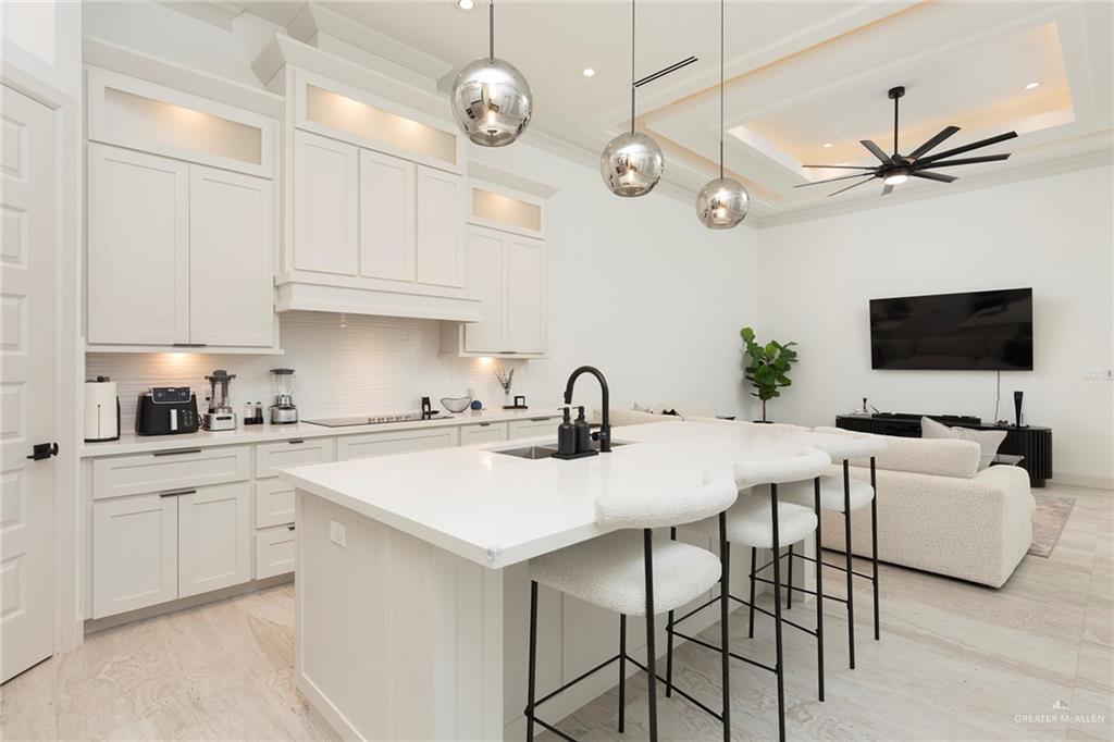 1505 Mount Street Mission, TX 78572 - Photo 13 of 25 Kitchen with pendant lighting, sink, white cabinetry, a tray ceiling, and an island with sink