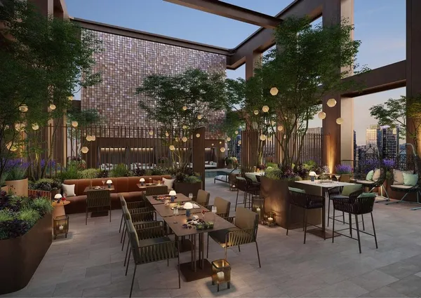 a view of a tables and chairs in a patio