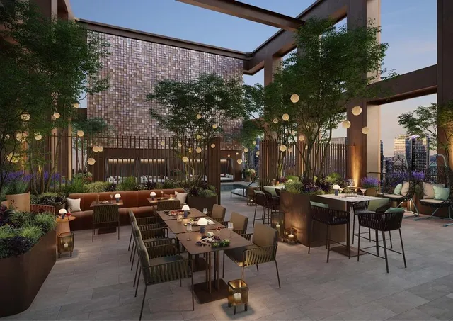 a view of a tables and chairs in a patio