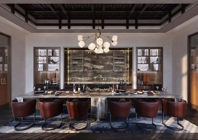 a room with table chairs and window