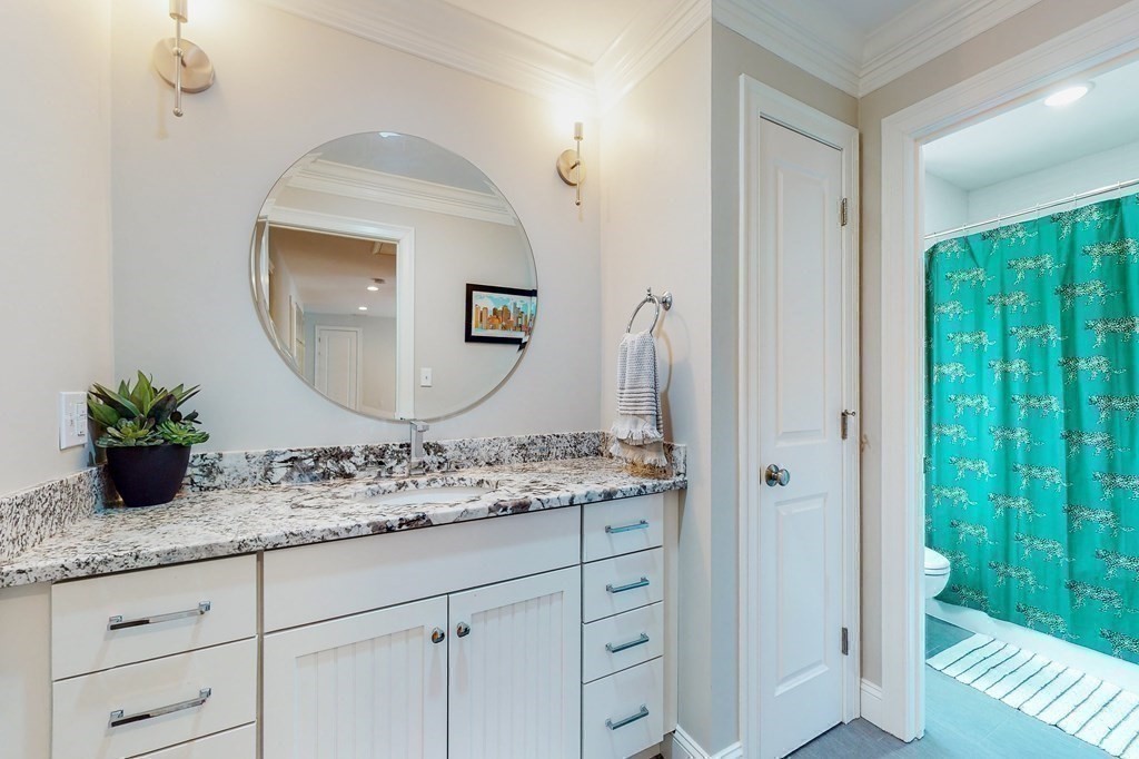 185 Bailey Street Canton, MA 02021 - Photo 23 of 32 a bathroom with a granite countertop sink a mirror and a shower