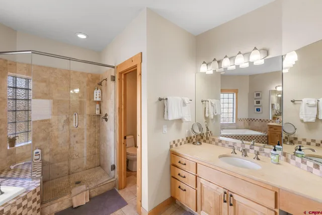a bathroom with a double vanity sink mirror and shower